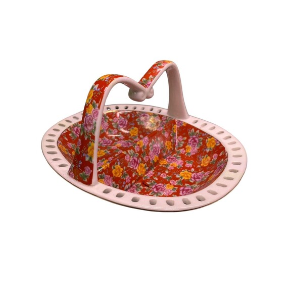 Jay & Sons Ceramic Basket Divided  w/ Handle Red White Floral Gold Rim - Picture 2 of 15
